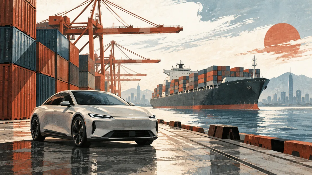 Ilustração de um carro elétrico, contêineres e navio em um porto chinês.