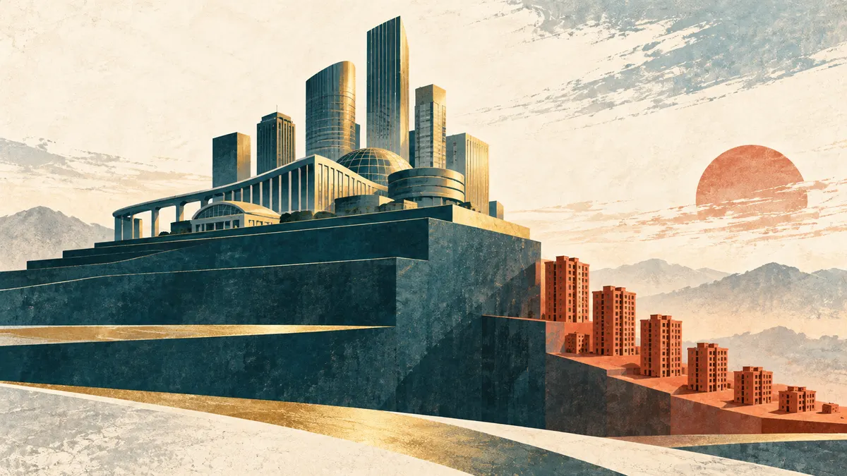 Ilustração editorial sobre: PIB da China cresce 4,6% e imóveis caem 20,6%